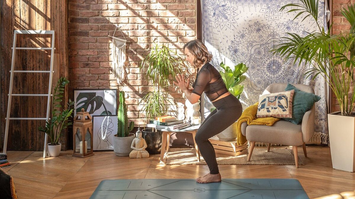 Donna che pratica la posizione del cane a testa in giù su un tappetino yoga.